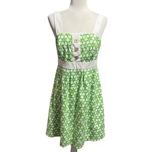 Lilly Pulitzer Green White Geometric Sundress Size 8 Button Front Retro Floral